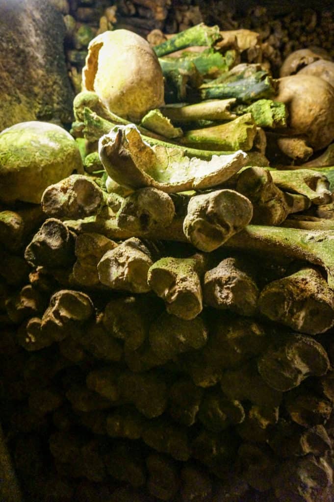 Bones inside the catacombs of Paris