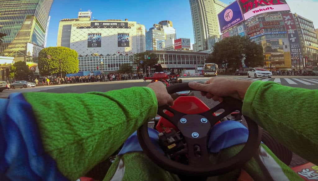 Driving Mario karts through Shibuya crossing in Tokyo