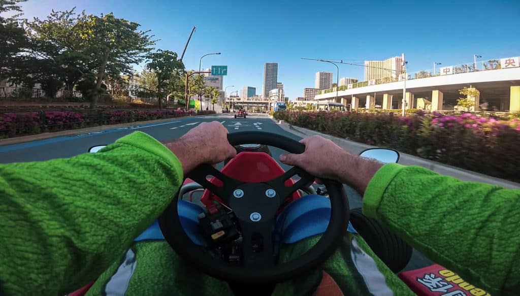 Driver's perspective from go kart while driving on the streets of Tokyo