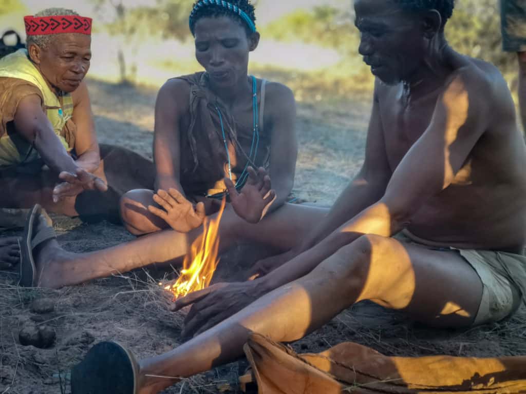 Ghanzi bushmen of Botswana showing how to start a fire