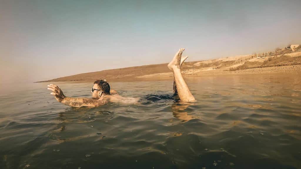 Skydiver float in Dead Sea