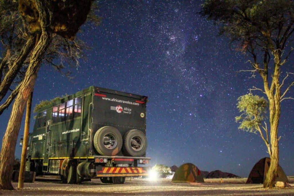 Campsite under the stars while overlanding in Africa